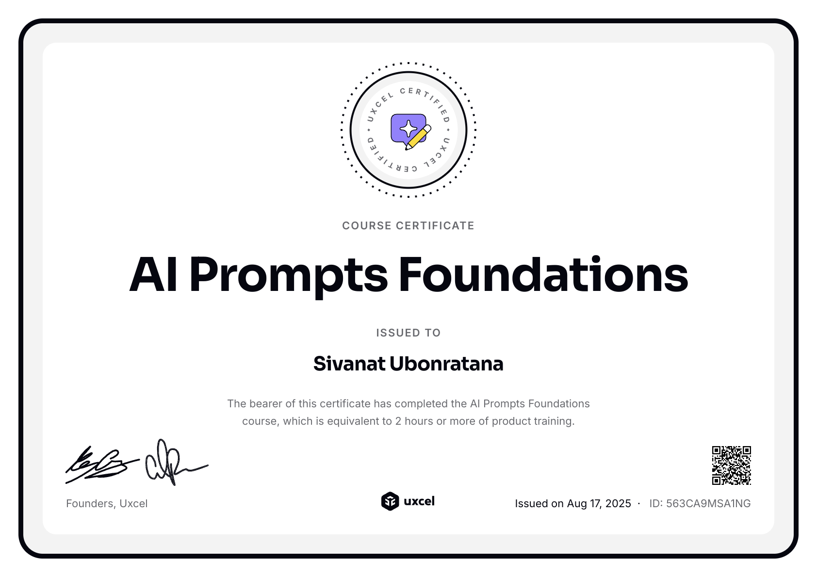 Sivanat Ubonratana's certificate